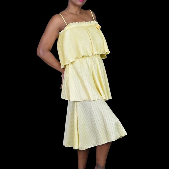 Vintage Tiered Midi Dress Yellow Ruffle Plisse Lemon 70s Pastel Homemade Large - Picture 10 of 14